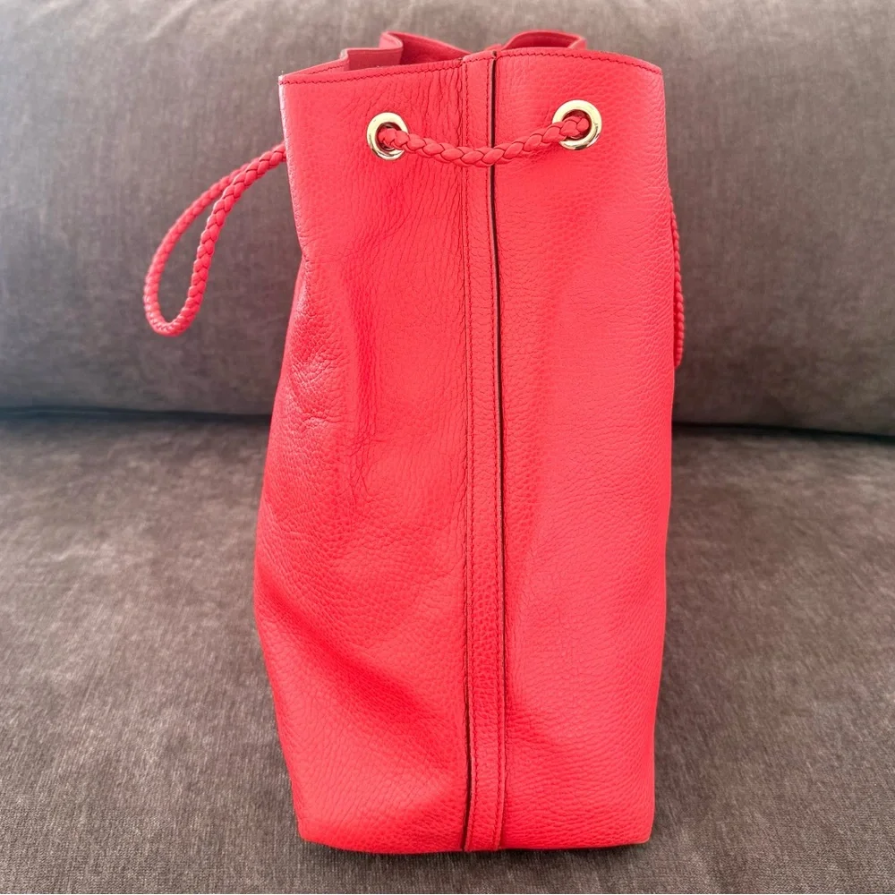 Authentic Gucci Gifford Tote Bag coral red leather large size braided handles